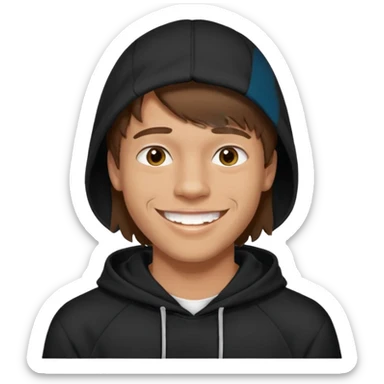 20 yr old man, brown hair, straight, big smile, white teeth, tanned skin, bangs, black hooded sweatshirt sticker