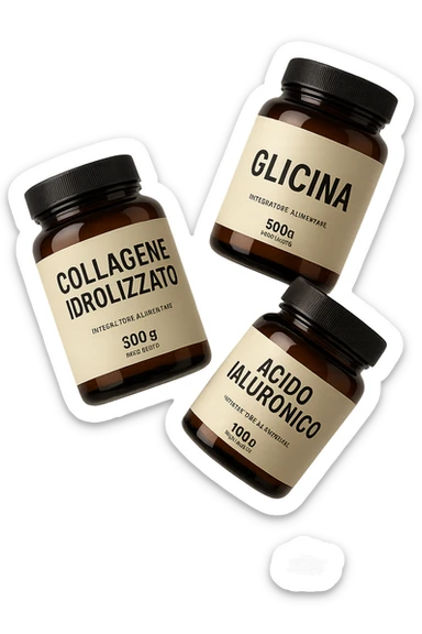 3 BARATTOLI DI INTEGRATORE CON LA SCRITTA: COLLAGENE IDROLIZZATO, GLICINA, ACIDO IALURONICO FLUTTUANO IN ARIA, IPERREALISTICA 4K sticker