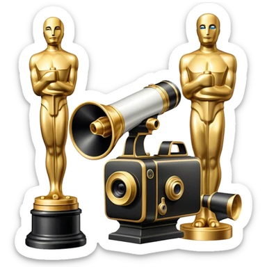 Professional icon for Directing: a cinematic collage with a film camera, a megaphone and an Oscar statuette. The icon should convey the prestige and creative mastery of directing, with a focus on film production and recognition. Transparent background. sticker