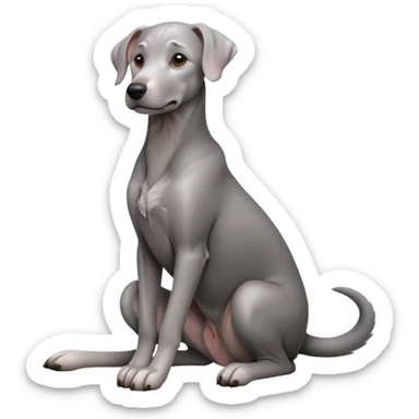 cinematic-[weimeraner-realistic-full-body-sitting-emoji,-tail-resting-loosely-beside-its-paws,-head-tilted-dramatically, -sleek-[grey]-fur,-simplified-yet-realistic-focused-features,-highly-detailed,-glowing-with-an-almost-sarcastic-glow sticker