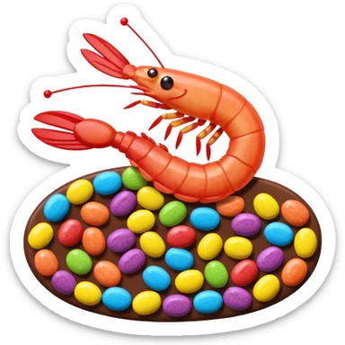 Shrimp made from candy like smarties, skittles, mars bar, nerds colorful sticker