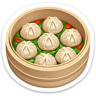 Xiaolongbao Shanghai soup dumplings with steam, simplified emoji style with bold outlines and bright colors, cartoon style Chinese steamed bun sticker