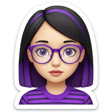 chica bonita con ligero cabello negro con rayas moradas que llega hasta los hombros con lentes cuadrados de estatura pequeña sticker