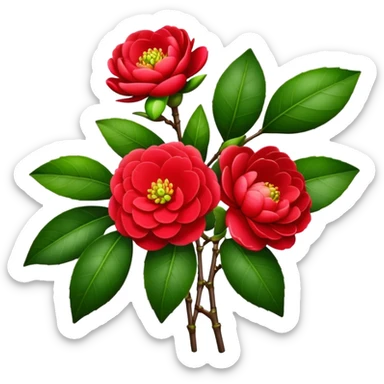 bouquet Red Camellia, luxuriant, stem, leaf, bud sticker