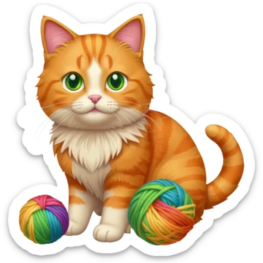 An orange kitty playing with a rainbow ball of yarn sticker