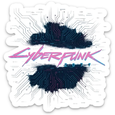cyberpunk 2077 themed logo, neon pink and blue, glitch effect, futuristic font, tech elements sticker