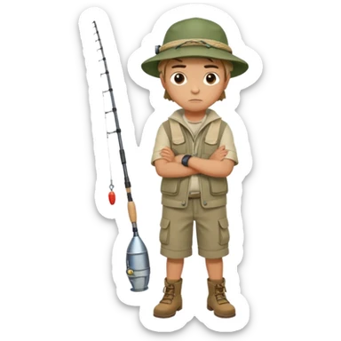 A boy with crossed arms, looking annoyed, dressed in fishing clothes full body sticker