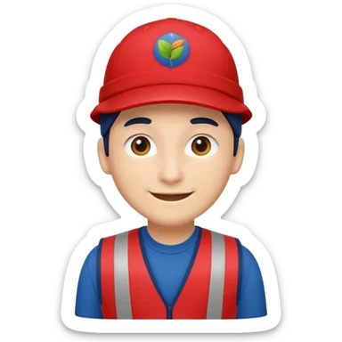 polished Apple emoji-style character, Lowe’s associate, flat vector, front view, red vest, navy blue cap, rounded and friendly, soft smile, simple eyes, no text, no logos, clean background, minimalist sticker
