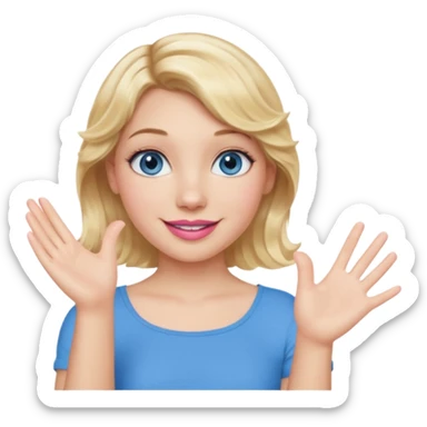 Girl Blonde short wavy hair,  blue eyes, cute blue top, long lashes, pink lips, smiling, one hand palm up sticker