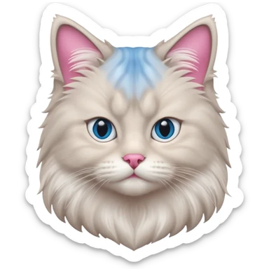 Fluffy Siberian cat face emoji, white and grey long hair, bright blue eyes, pink nose, friendly expression, 3D vector style, isolated on white background. sticker