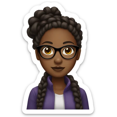 Black girl with dark brown eyes and braids with curls on the end of them and black glasses sticker