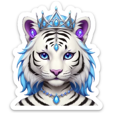 ESO Female white/black tiger khajiit leader of the umbral rose, glowing blue eyes, glowing blue 'third eye' gem; purple gemmed silver tiara sticker