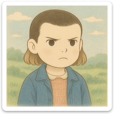 Eleven from Stranger Things with a serious expression, simple and delicate line art as in the reference drawing, colored in pastel tones, in Ghibli style, square 1:1 format. sticker
