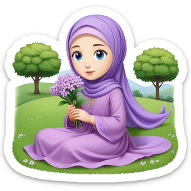 Turkish beautiful finish Konya girl blue eyes with lilac flower hijab long tail dress and sits on the grass on the ground and hold lilac flower on hand  sticker