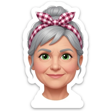 MUJER MEDIANA EDAD, PELO GRIS, MOÑO INFORMAL DESPEINADO, GAOJOS VERDES Y CON BABI DE MAESTRA CUADROS ROSAS/GRANATE/BLANCOS sticker