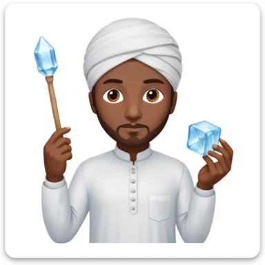 Pakistani street ice seller holding an ice pick in one hand and a large ice cube in the other, wearing shalwar kameez, confident stance, focused face, 3D, shiny, minimal, iPhone emoji look, plain white background sticker