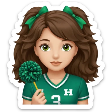 A pretty girl, her eyes is blue, her hair is brown long wavy hair, and wear green Hawkins cheerleader uniform and hold pompom sticker