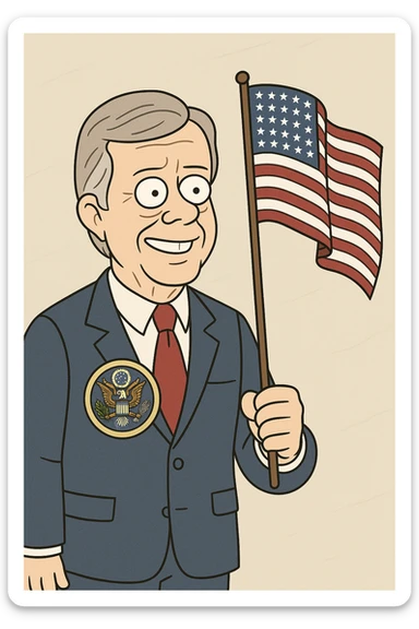 US President Carter  wearing a blue suit with a large US badge on his chest holding an American Flag sticker