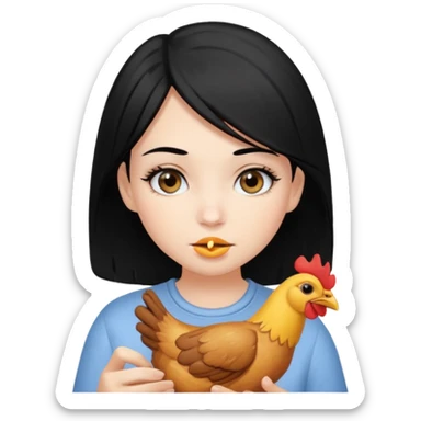 girl with black hair grey eyes and long eyelashes eating chicken sticker