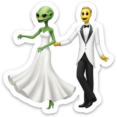  a Reptilian alien woman, in white dress, dance with a human man in frack sticker