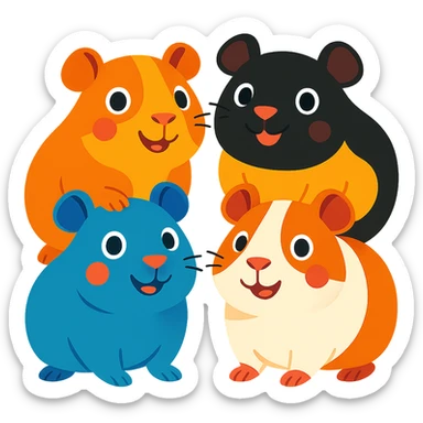 four happy and cute guinea pigs, different colors, colorful and friendly illustration style, white background sticker