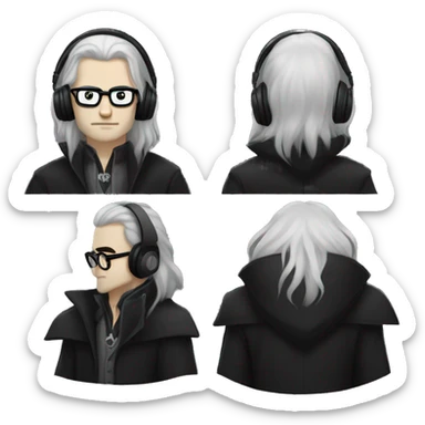 long haired pale vampire man, long black hair, big headphones and glasses VAMPIRE teeth and coat, clear visible face sticker