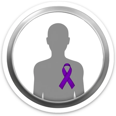 Apple iOS–style 3D emoji: round silver mirror, front view. In reflection, neutral silhouette with large violet awareness ribbon (classic looped cause-support ribbon) on chest, only visible in reflection. White background, soft shadow. sticker