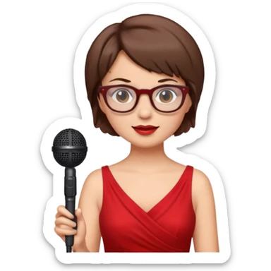 singer, Old, brown short hair, holding mic, red dress, glasses sticker