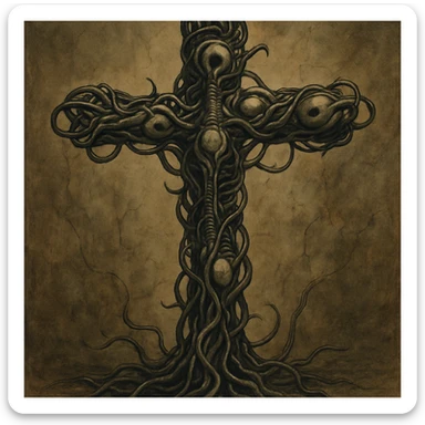 a cross made of twisted wires and organic forms, inspired by Giger, biomechanical aesthetic sticker