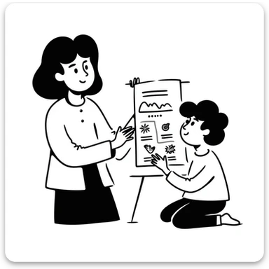 educator or speech therapist with child, who helps child with lessons sticker