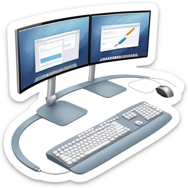 Create an emoji for UX/UI design. Show two large curved monitors displaying UX/UI design interfaces. Include a mouse, keyboard, and stylus next to the screens. Use modern, professional colors. Do not include any emojis or smiley faces. Make the background transparent. sticker