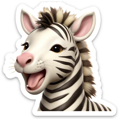 Cinematic Cute Yawning Zebra Portrait Emoji, Head tilted slightly with a dramatic, wide-open yawn, showcasing a soft, downy striped Fur with gently drooping ears and round eyes barely open in drowsy contentment, Simplified yet irresistibly adorable features, highly detailed, glowing with a soft, cozy glow, high shine, relaxed yet expressive, stylized with a touch of savannah charm, bright and endearing, soft glowing outline, capturing the essence of a sleepy yet affectionate zebra, so drowsy it feels like it could stretch out of the screen and curl up for a nap! sticker