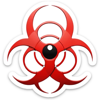 Minimalist emoji-style sticker of a fractured biohazard symbol with a small eye in the center. Stylized, geometric, no text.
 sticker