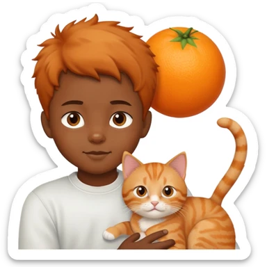 black little boy holding a an orange cat sticker