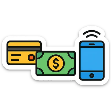 color outline icons of payment methods: credit card, cash, phone sticker
