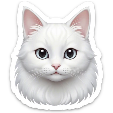 Cinematic Cute White Cat Portrait Emoji, Head tilted with a soft, gentle smile and sparkling eyes, featuring a silky, pristine white fur with subtle silver highlights, simplified yet irresistibly adorable, highly detailed, glowing with a warm, snowy glow, high shine, radiating affectionate charm and tender grace, styled with a light, playful outline, capturing the essence of a cute white cat that looks as if it could melt your heart with a single blink! sticker