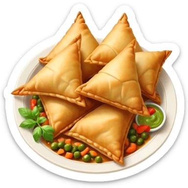 Cinematic Realistic Samosas Dish Emoji, depicted as golden, crispy pastry pockets filled with spiced vegetables rendered with detailed textures and appetizing lighting. sticker