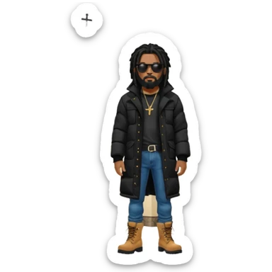 African American man with shoulder length black dreadlocks with black beard wearing black sunglasses wearing a black bubble winter coat  wearing denim skinny jeans and timberland boots standing in front of a Christian church sticker