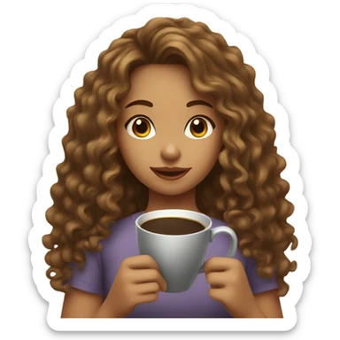 girl with long curly hair drinks coffee sticker