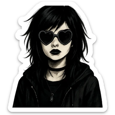 emo girl with heart-shaped sunglasses, dark hair, mysterious vibe sticker