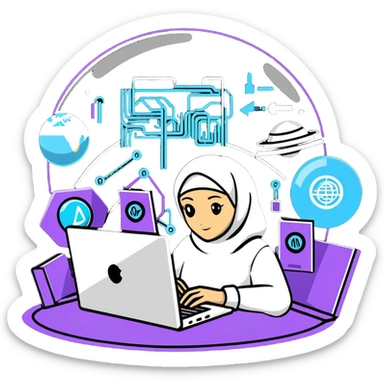 computer engineer with white hijab immersed in augmented reality, surrounded by floating metaverse elements, digital codes, virtual machines, tech graphics sticker