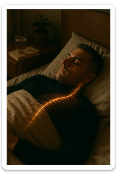 A cinematic close-up of a man in his early 30s sleeping peacefully on his back in a softly lit bedroom. His breathing is calm, chest rising slowly. The sheets are slightly crumpled, natural linen textures in warm beige tones. His face is relaxed, with faint light illuminating the side of his cheek and temple from a nearby window. Around his body, faint glowing lines follow the spine and head, symbolizing deep nervous system recovery and hormonal balance. On the nightstand: a glass of water, a book, and no electronics. The room is quiet and grounded, with natural elements like a small plant and a wooden headboard. Shot in 35mm cinematic style, with warm ambient tones, shallow depth of field, and a peaceful, healing atmosphere sticker