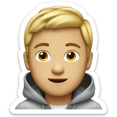 boy in hoodie inside car with bob hair cut sticker