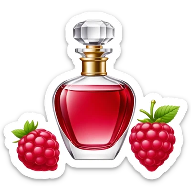 AVON women's perfume bottle next to a raspberry-shaped bottle sticker