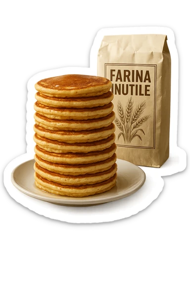 UN PIATTO CON TORRETTA DI PANCAKE E UN PACCO DI FARINA DIETRO CON LA SCRITTA "FARINA INUTILE" SUL PACCO,  iperrealistico 4k sticker