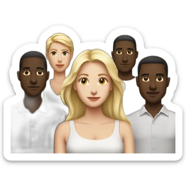 six dark-skinned men stand behind one pale blonde woman sticker