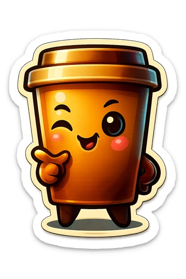 Tall coffee cup, flirty wink, pointing at viewer sticker