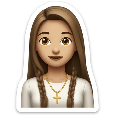 fair skinned girl, with brown long straight hair and a cross necklace sticker