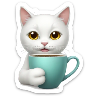 White cat drinks coffee  sticker
