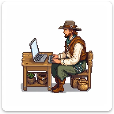 Pioneer settler in old frontier clothing sitting at a modern laptop computer sticker